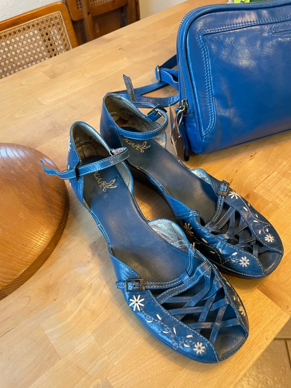 Women's Blue Leather Fisherman Sandler Wedge Heels Size 9